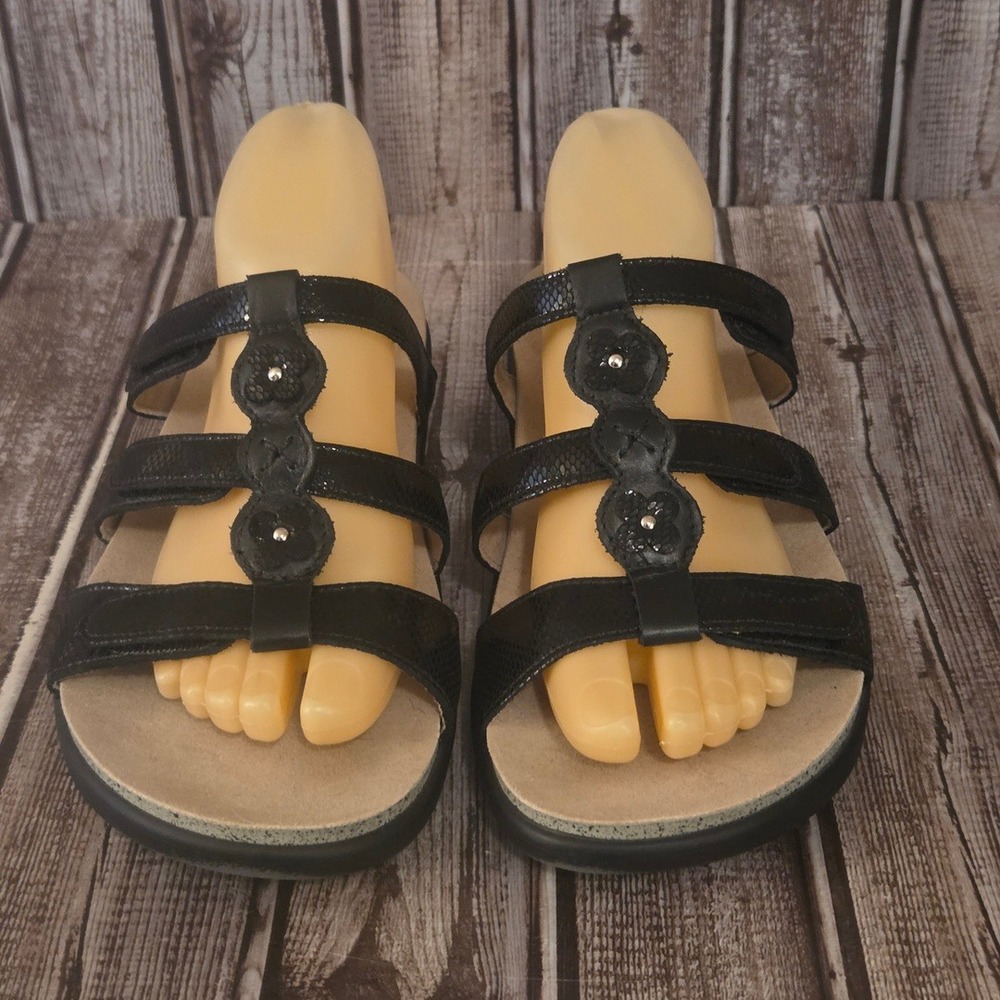 Sz 9 M Womens SAS Naples Black Snake Print Leather Comfort Slide Sandals VGUC!